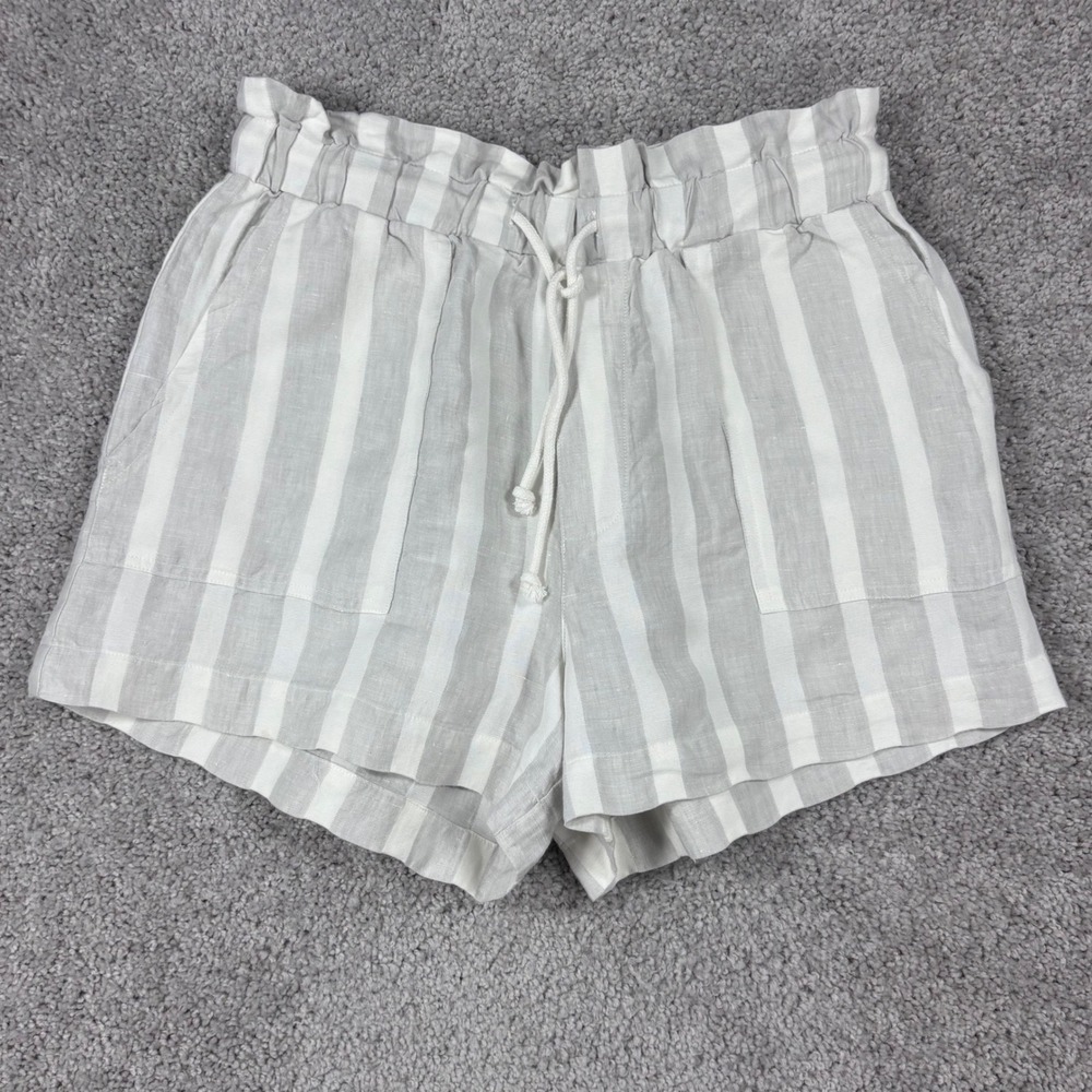 Hello Nite Linen Blend Striped Paperbag Shorts Gray White Small High Rise 96Q76